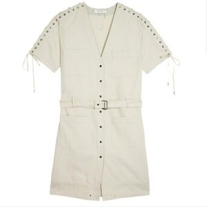 Chloe Denim Cream Criss Cross Sleeve Belted Dress